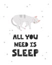 Funny grey sleeping cat, kawaii kitten with hand drawn lettering